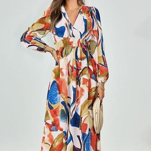 Spring NEW Long Casual Long Sleeve V-neck Printed Beach Long Flowy Dress - EX-STOCK CANADA