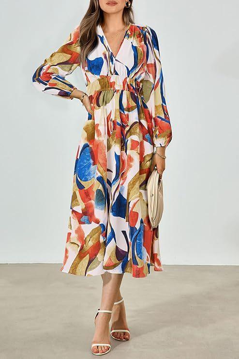 Spring NEW Long Casual Long Sleeve V-neck Printed Beach Long Flowy Dress - EX-STOCK CANADA