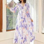 Spring NEW Long Casual Long Sleeve V-neck Printed Beach Long Flowy Dress - EX-STOCK CANADA