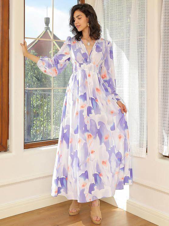 Spring NEW Long Casual Long Sleeve V-neck Printed Beach Long Flowy Dress - EX-STOCK CANADA