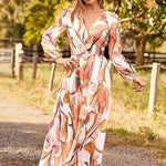 Spring NEW Long Casual Long Sleeve V-neck Printed Beach Long Flowy Dress - EX-STOCK CANADA