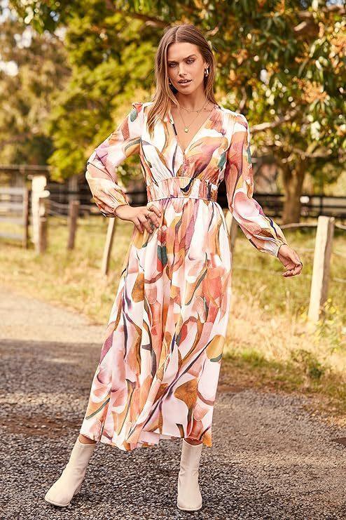 Spring NEW Long Casual Long Sleeve V-neck Printed Beach Long Flowy Dress - EX-STOCK CANADA