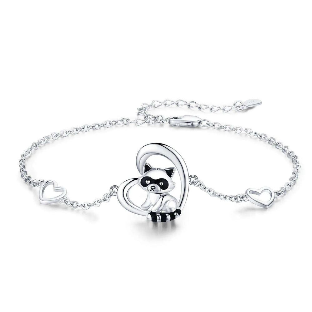 Sterling Silver 925 Heart Shaped Charm Raccoon Bracelet - EX-STOCK CANADA