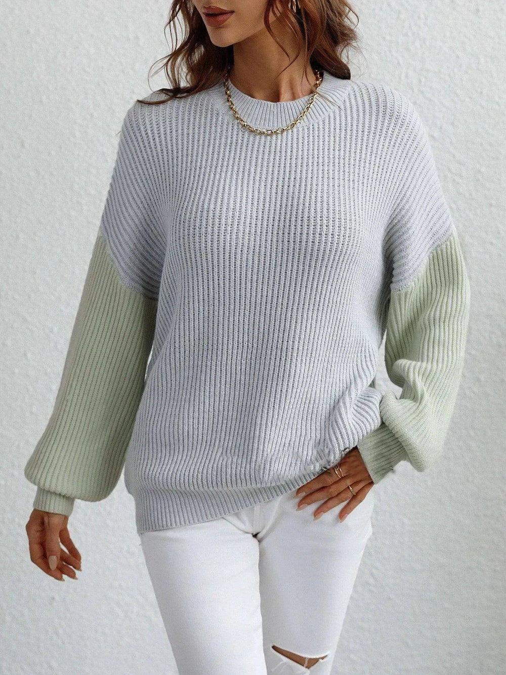 Striped Loose-fit Round Neck Sweater Women - EX-STOCK CANADA