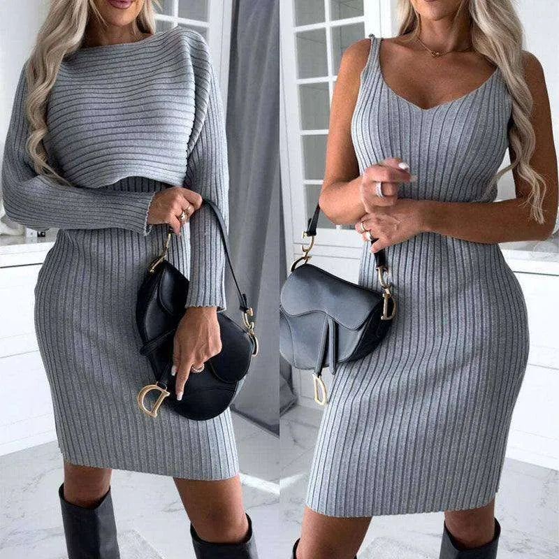 Suit Women's Autumn Sunken Stripe Long-sleeved Top Suspender Skirt - EX-STOCK CANADA