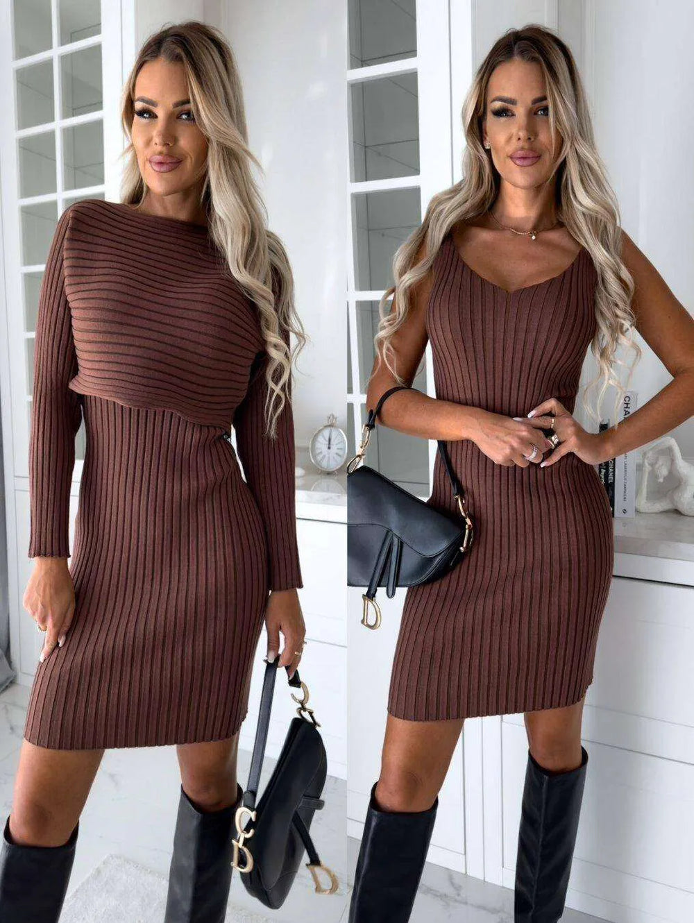 Suit Women's Autumn Sunken Stripe Long-sleeved Top Suspender Skirt - EX-STOCK CANADA