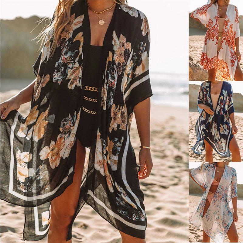 Summer Mid-length Slit Print Loose Beach Cover Sun Protection Shirt - EX-STOCK CANADA