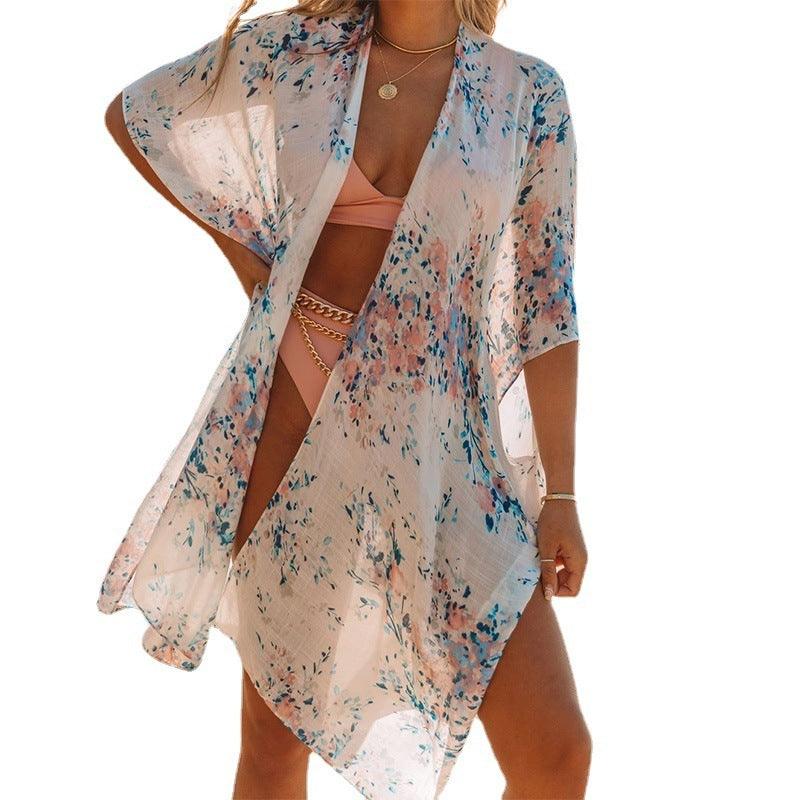 Summer Mid-length Slit Print Loose Beach Cover Sun Protection Shirt - EX-STOCK CANADA