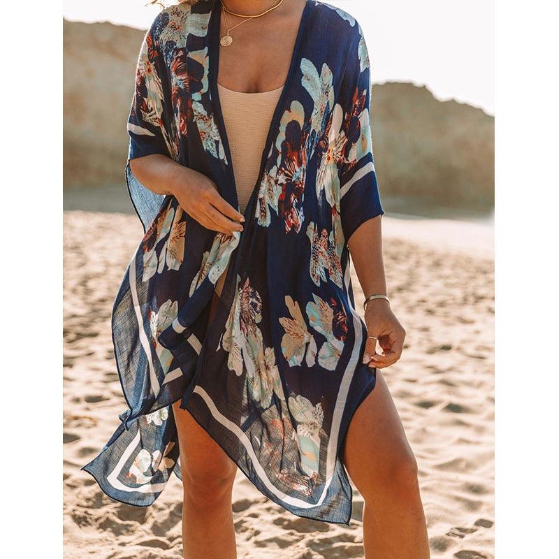 Summer Mid-length Slit Print Loose Beach Cover Sun Protection Shirt - EX-STOCK CANADA