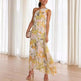 Summer Printed Oblique Shoulder Elastic Waist Vacation Floral Sleeveless Midi Dress - EX-STOCK CANADA