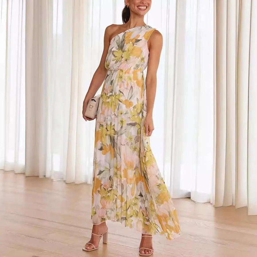 Summer Printed Oblique Shoulder Elastic Waist Vacation Floral Sleeveless Midi Dress - EX-STOCK CANADA