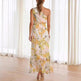 Summer Printed Oblique Shoulder Elastic Waist Vacation Floral Sleeveless Midi Dress - EX-STOCK CANADA