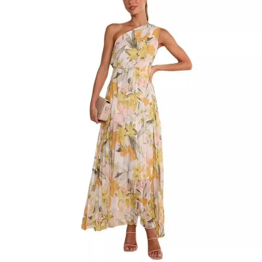 Summer Printed Oblique Shoulder Elastic Waist Vacation Floral Sleeveless Midi Dress - EX-STOCK CANADA