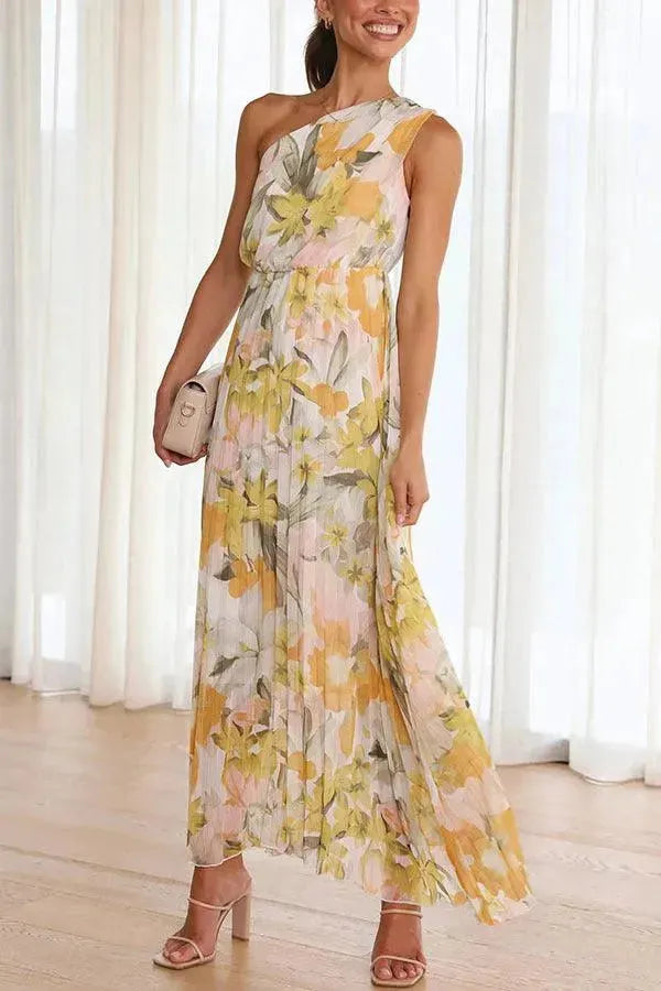 Summer Printed Oblique Shoulder Elastic Waist Vacation Floral Sleeveless Midi Dress - EX-STOCK CANADA