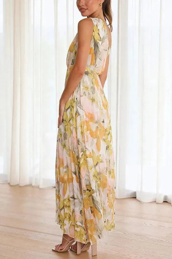 Summer Printed Oblique Shoulder Elastic Waist Vacation Floral Sleeveless Midi Dress - EX-STOCK CANADA