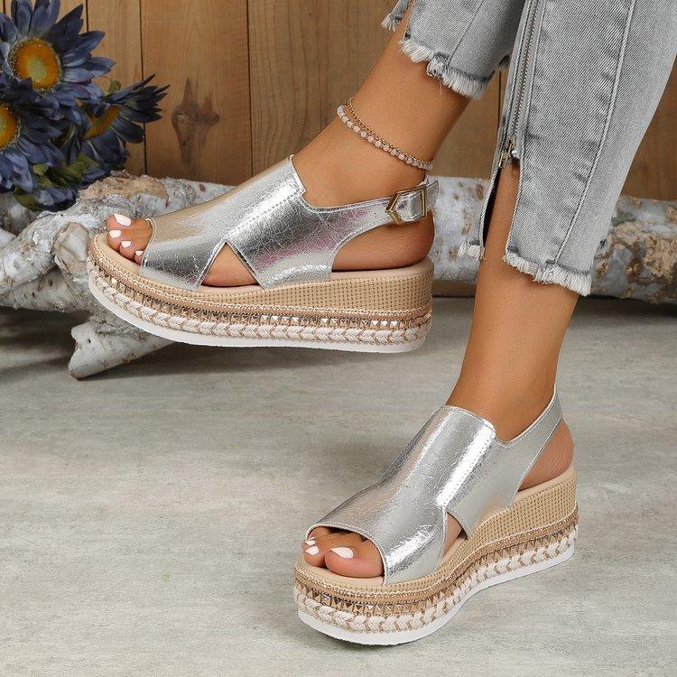 Summer Shiny Sandals Hollow Design Fish Mouth Sandal For Women Fashion Buckle Wedges Sandals - EX-STOCK CANADA