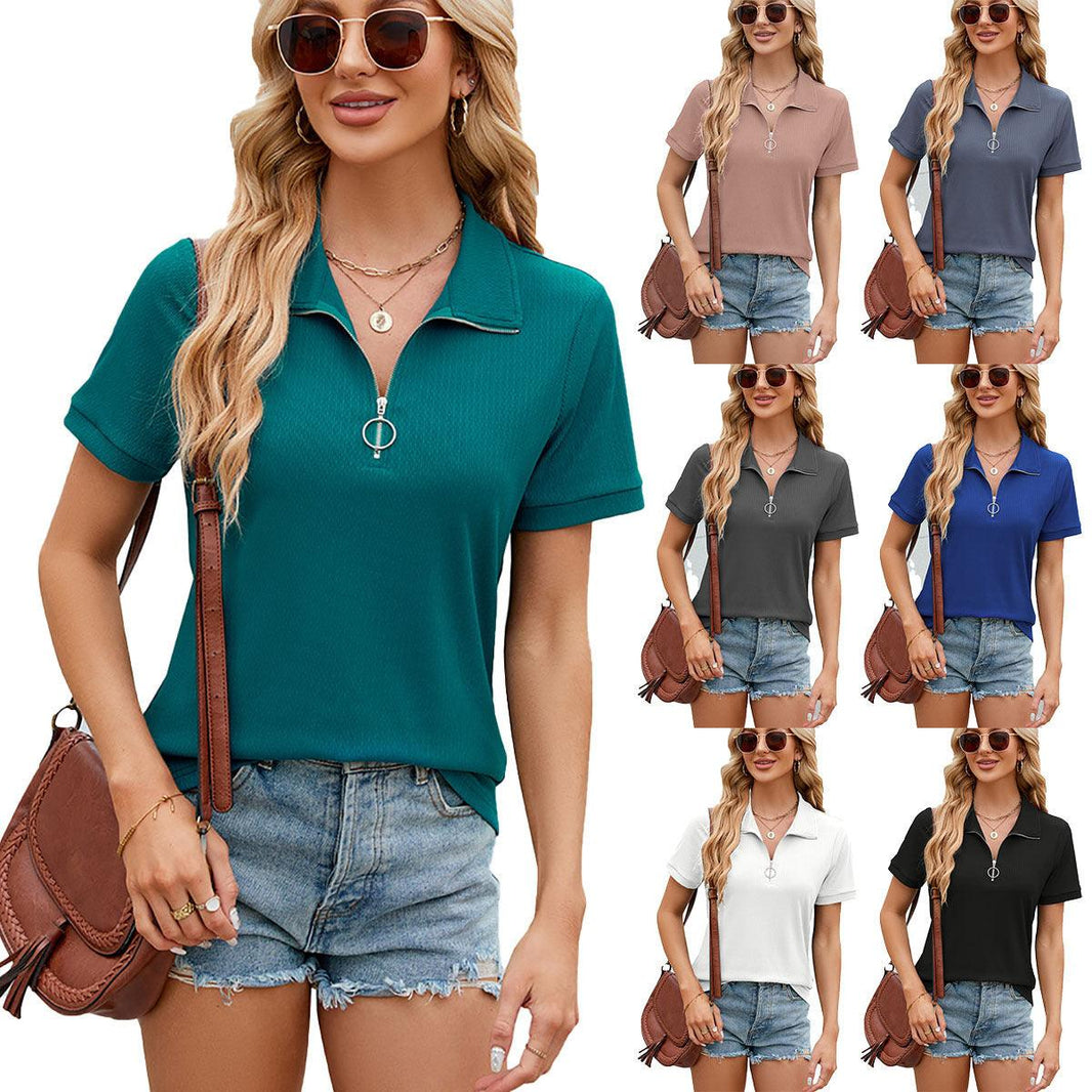 Summer Short Sleeve T-shirt Casual Loose Solid Color Zipper And Lapel Top For Women - EX-STOCK CANADA