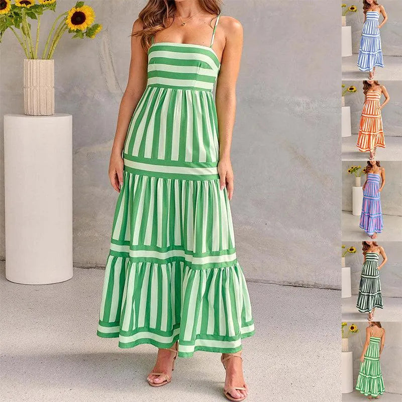 Summer Striped Printed Suspender Long Dress With Pockets Fashion Square Neck Backless Dresses For Beach Vacation Women Clothing - EX-STOCK CANADA