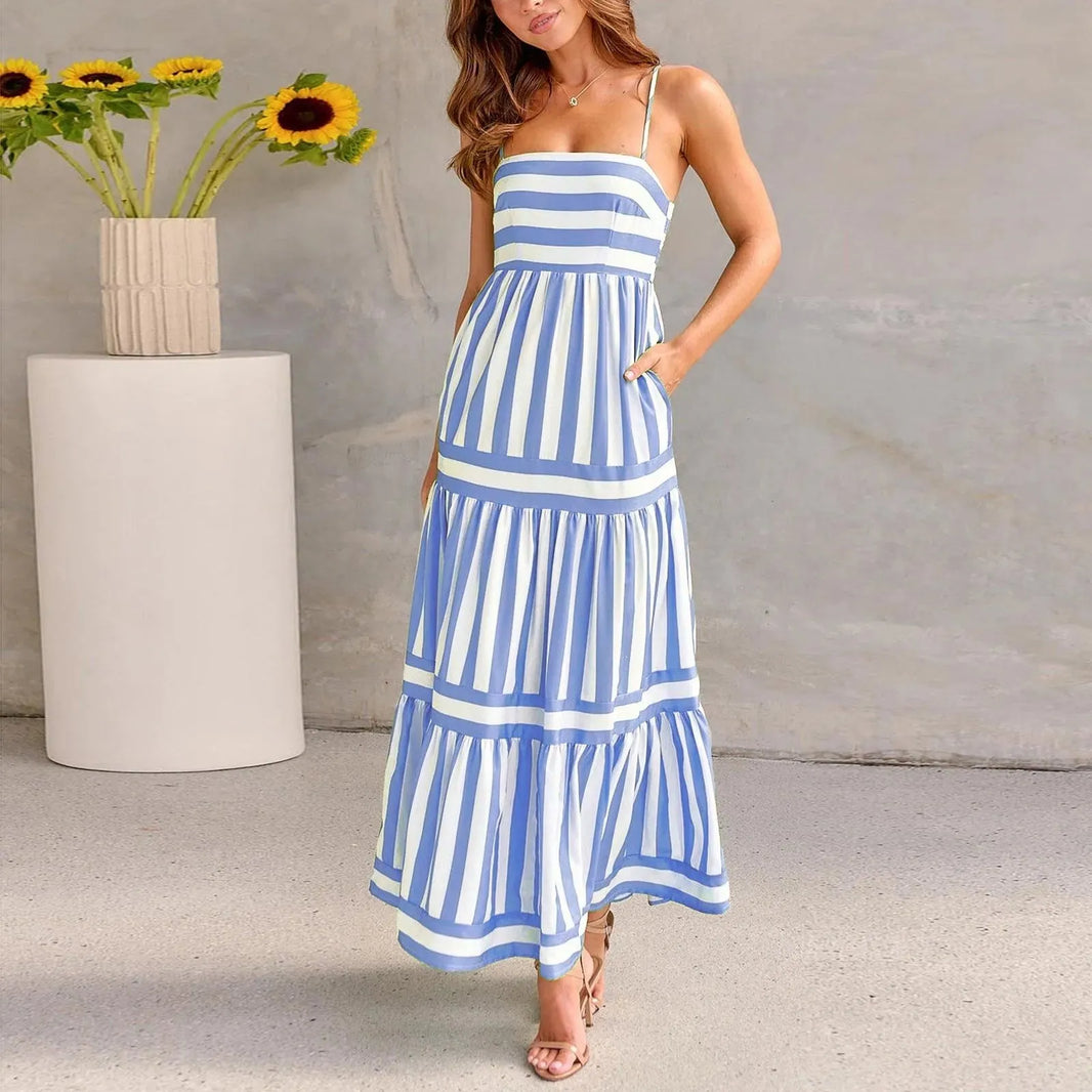 Summer Striped Printed Suspender Long Dress With Pockets Fashion Square Neck Backless Dresses For Beach Vacation Women Clothing - EX-STOCK CANADA