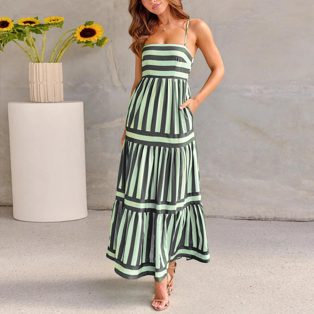 Summer Striped Printed Suspender Long Dress With Pockets Fashion Square Neck Backless Dresses For Beach Vacation Women Clothing - EX-STOCK CANADA