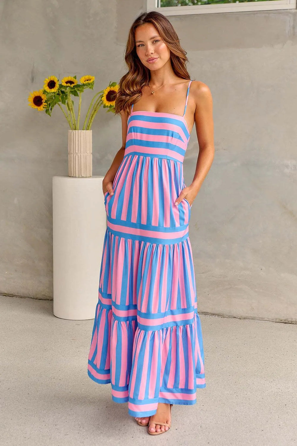 Summer Striped Printed Suspender Long Dress With Pockets Fashion Square Neck Backless Dresses For Beach Vacation Women Clothing - EX-STOCK CANADA