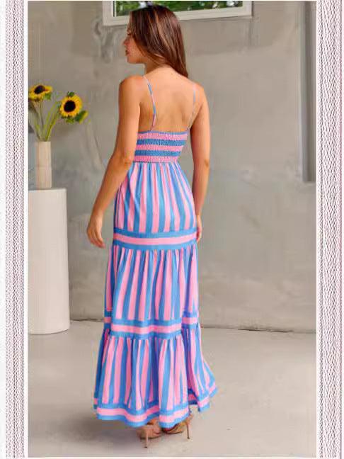 Summer Striped Printed Suspender Long Dress With Pockets Fashion Square Neck Backless Dresses For Beach Vacation Women Clothing - EX-STOCK CANADA