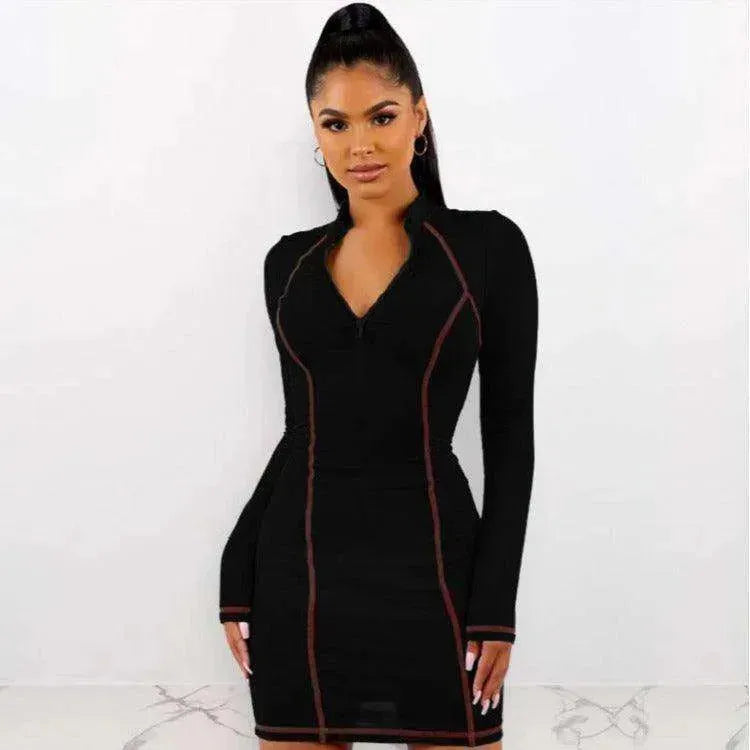 Tight stretch elastic collar zipper long sleeve dress - EX-STOCK CANADA