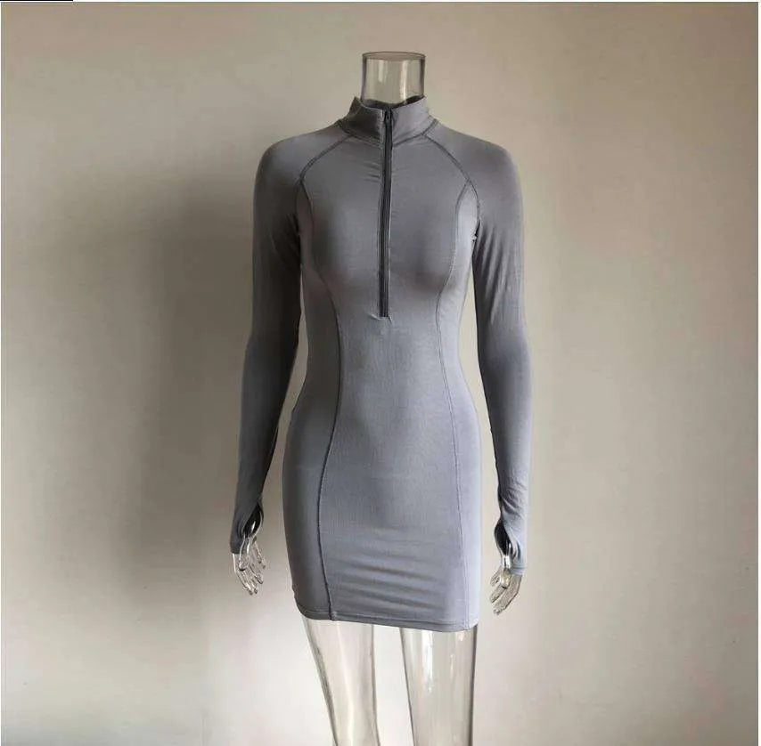 Tight stretch elastic collar zipper long sleeve dress - EX-STOCK CANADA