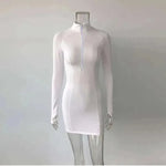 Tight stretch elastic collar zipper long sleeve dress - EX-STOCK CANADA