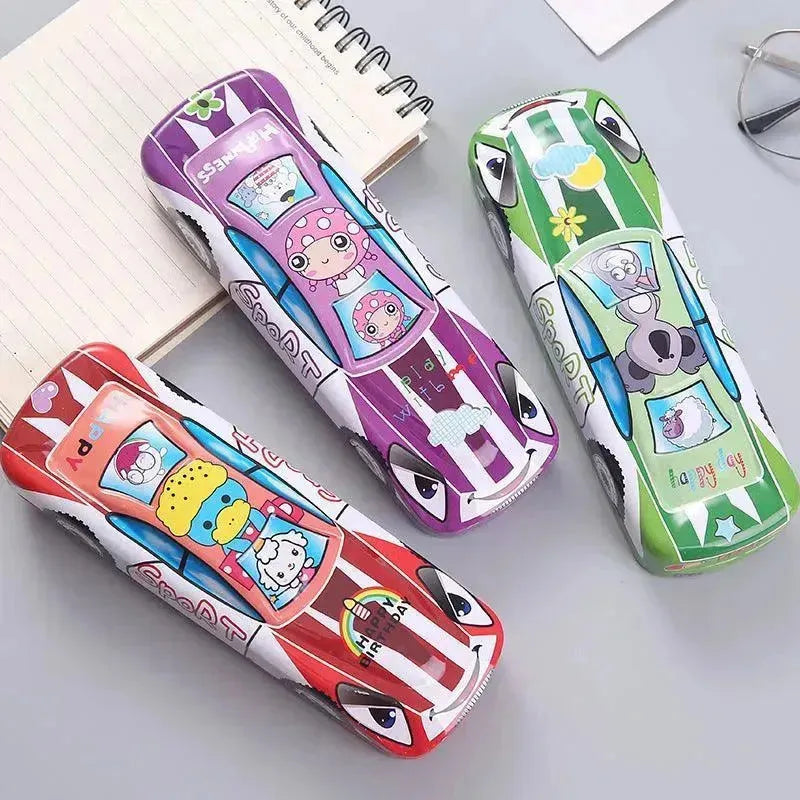 Tinplate Car Trolley Double-layer Stationery Box Racing Shape Pencil Case Cartoon Pattern Pencil Case - EX-STOCK CANADA