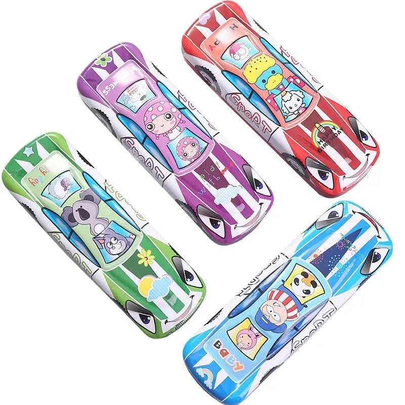 Tinplate Car Trolley Double-layer Stationery Box Racing Shape Pencil Case Cartoon Pattern Pencil Case - EX-STOCK CANADA