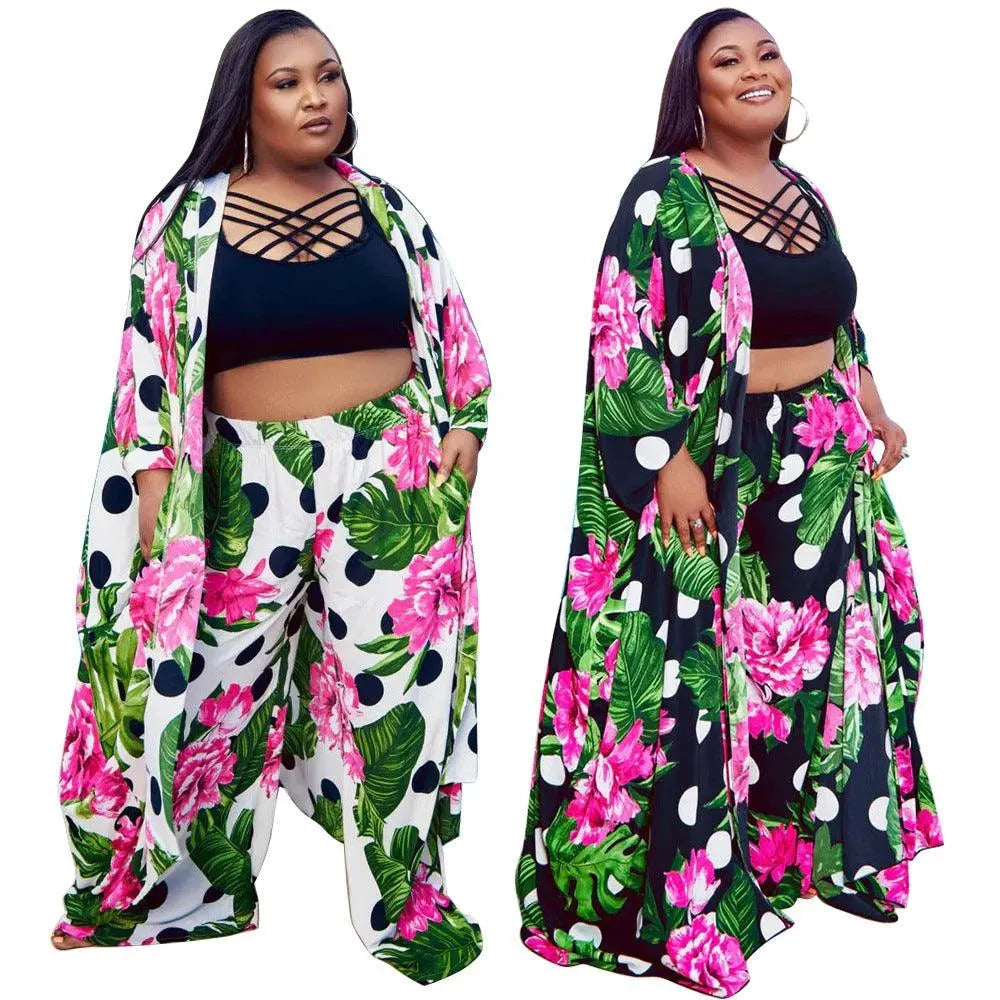 Trendy European and American Ruffle Sleeve Women's Printed Pants Coat Set - EX-STOCK CANADA