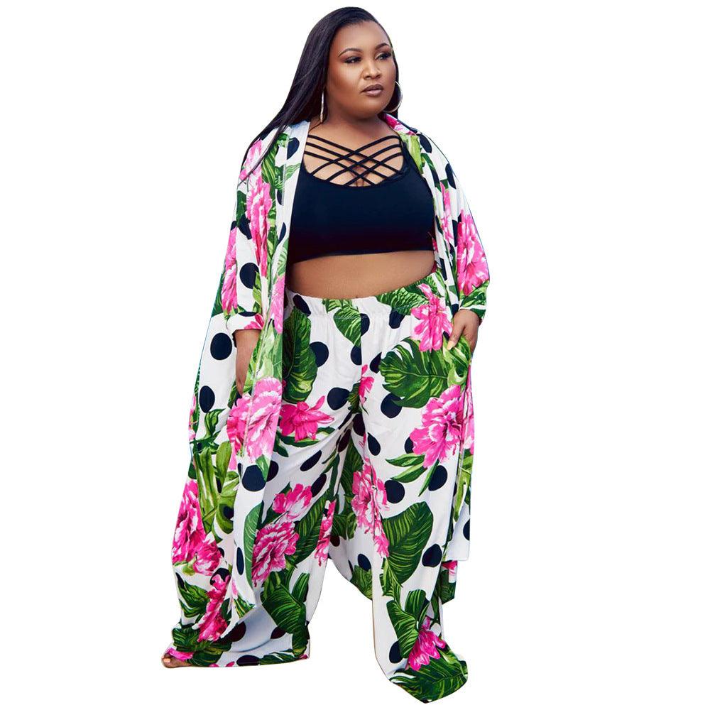 Trendy European and American Ruffle Sleeve Women's Printed Pants Coat Set - EX-STOCK CANADA