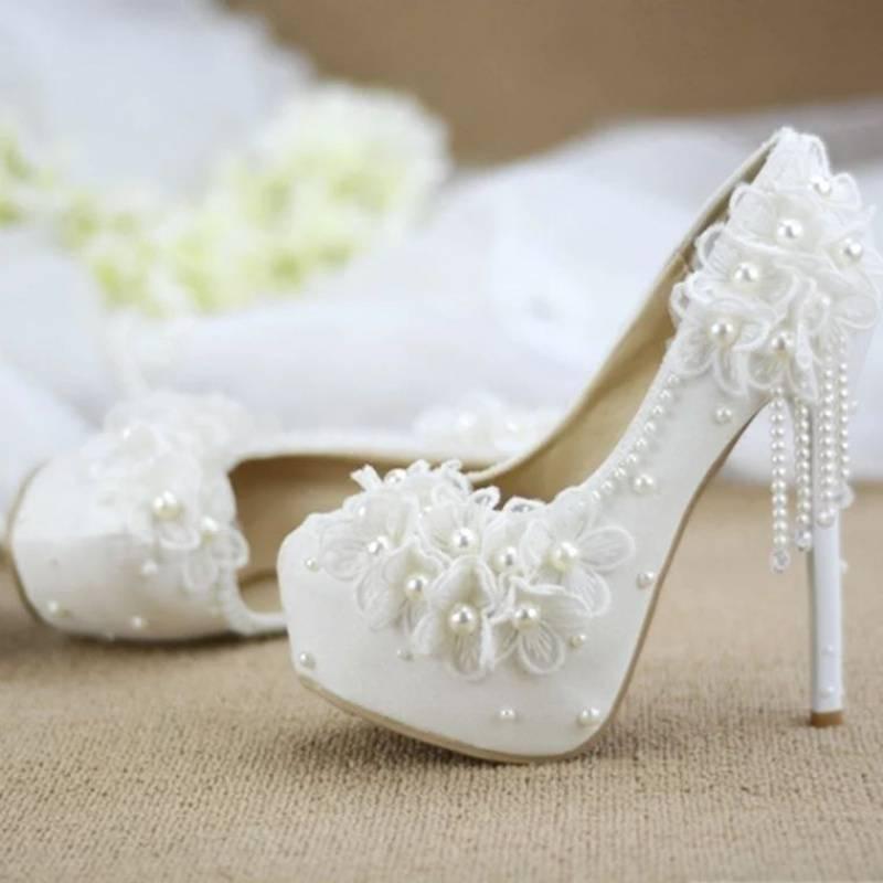 White Lace Flower High Heels Tassel Bridal Wedding Bridesmaid Shoes - EX-STOCK CANADA