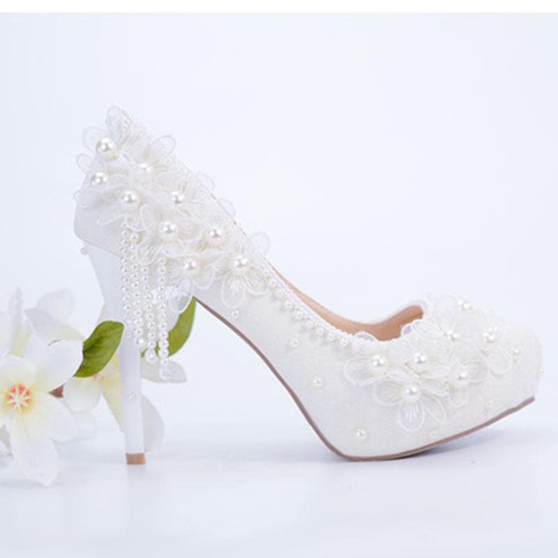 White Lace Flower High Heels Tassel Bridal Wedding Bridesmaid Shoes - EX-STOCK CANADA