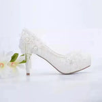 White Lace Flower High Heels Tassel Bridal Wedding Bridesmaid Shoes - EX-STOCK CANADA