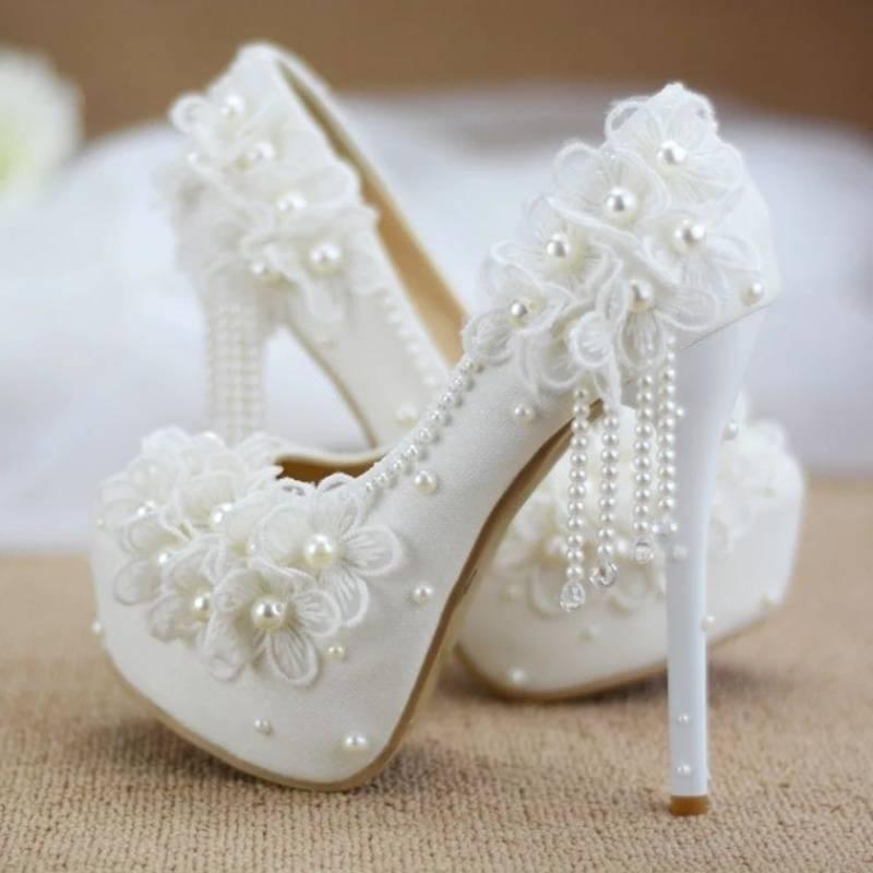 White Lace Flower High Heels Tassel Bridal Wedding Bridesmaid Shoes - EX-STOCK CANADA