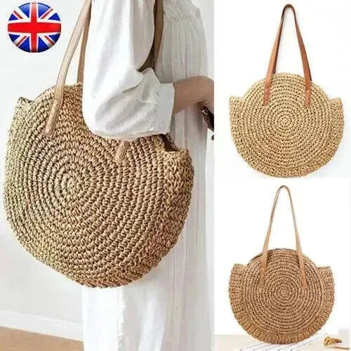 Women Boho Woven Handbag Summer Beach Tote Straw Bag Round Rattan Shoulder - EX-STOCK CANADA