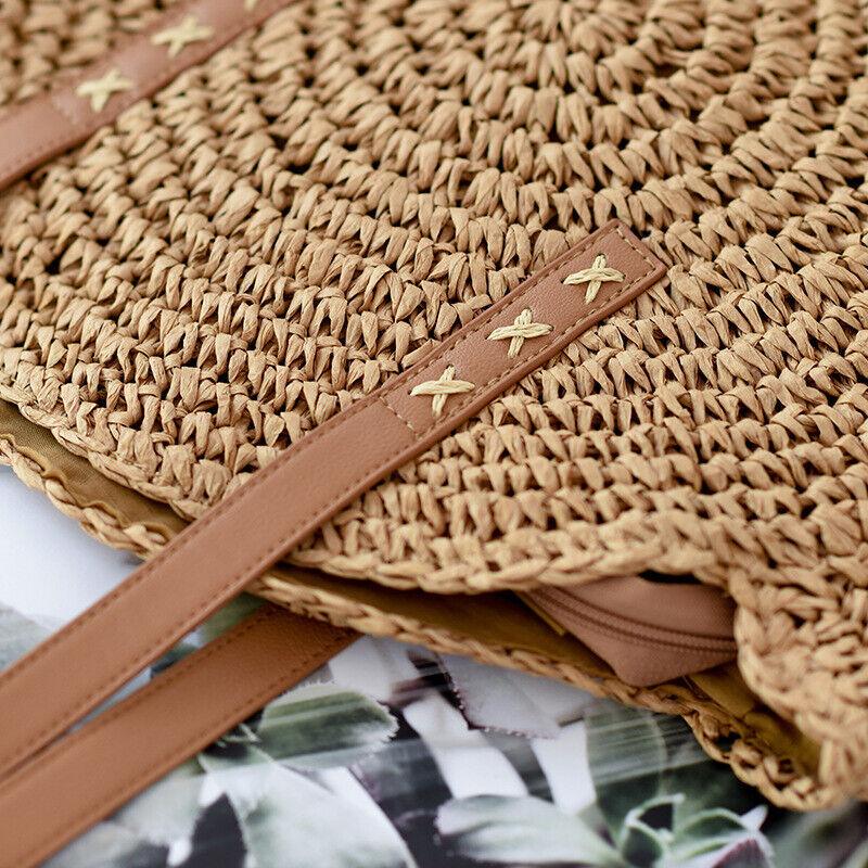 Women Boho Woven Handbag Summer Beach Tote Straw Bag Round Rattan Shoulder - EX-STOCK CANADA