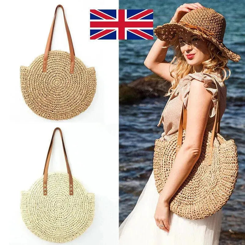 Women Boho Woven Handbag Summer Beach Tote Straw Bag Round Rattan Shoulder - EX-STOCK CANADA