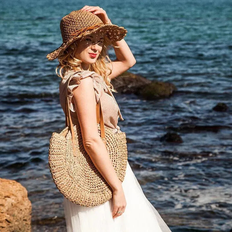 Women Boho Woven Handbag Summer Beach Tote Straw Bag Round Rattan Shoulder - EX-STOCK CANADA