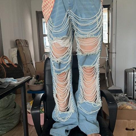 Women Creative Casual Ripped Denim Jeans Straight Leg Pant Trouser - EX-STOCK CANADA
