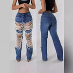 Women Creative Casual Ripped Denim Jeans Straight Leg Pant Trouser - EX-STOCK CANADA