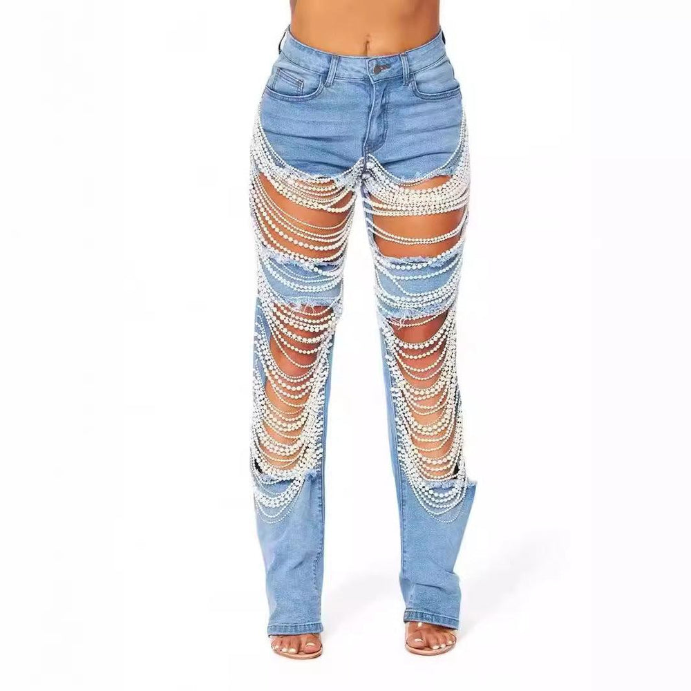 Women Creative Casual Ripped Denim Jeans Straight Leg Pant Trouser - EX-STOCK CANADA