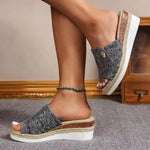 Women Fashionable Denim Canvas Summer Outdoor Hemp High Heel Slippers - EX-STOCK CANADA