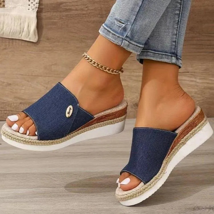 Women Fashionable Denim Canvas Summer Outdoor Hemp High Heel Slippers - EX-STOCK CANADA