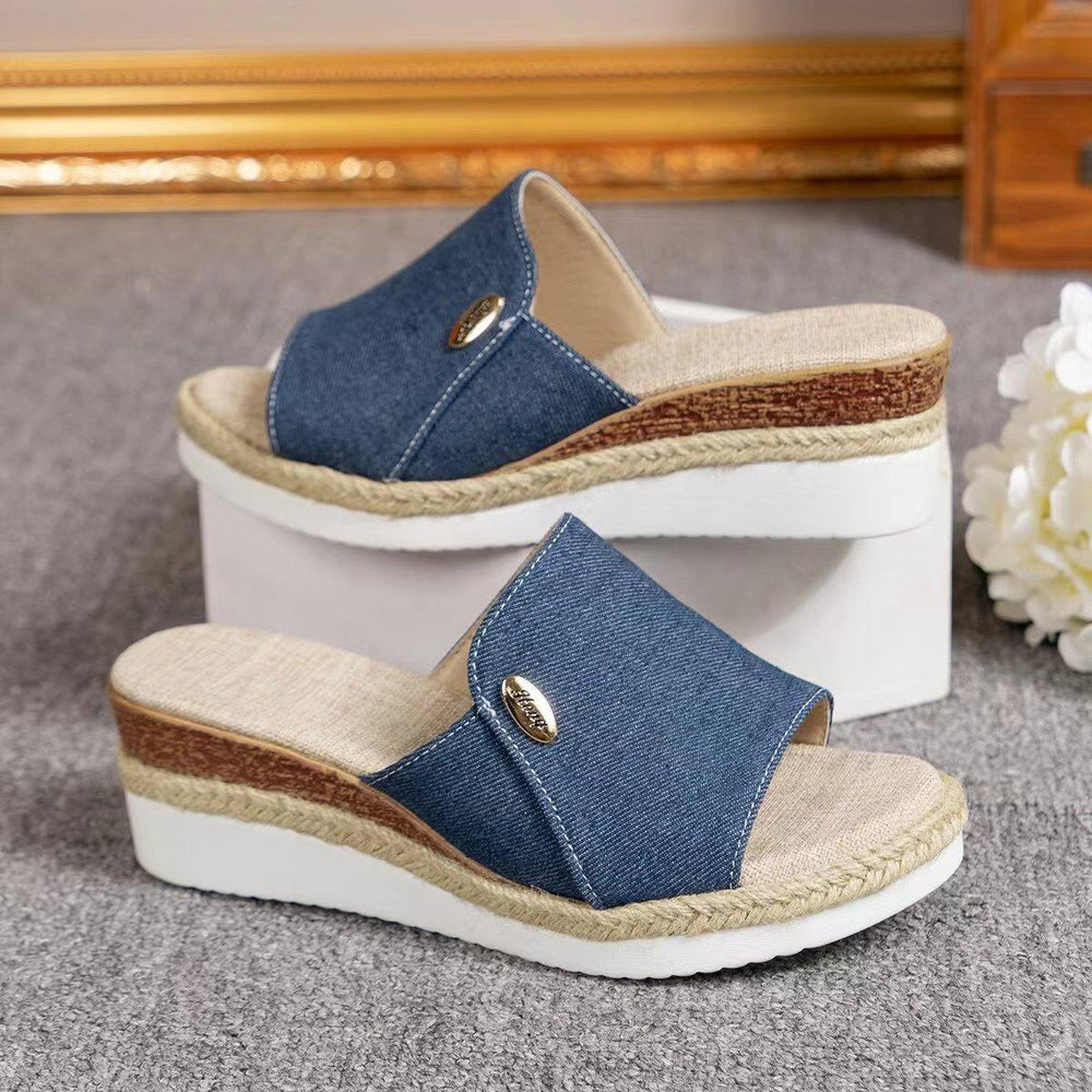 Women Fashionable Denim Canvas Summer Outdoor Hemp High Heel Slippers - EX-STOCK CANADA