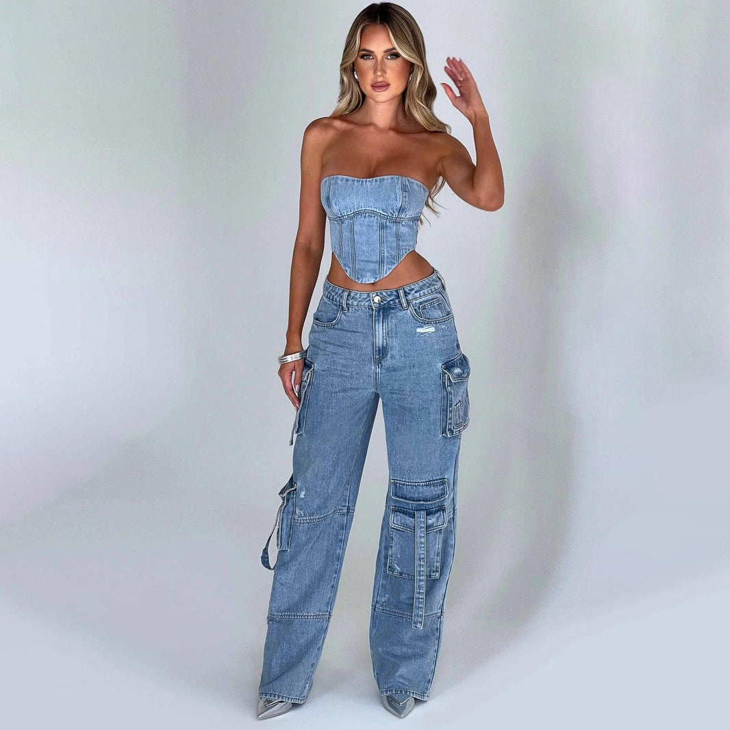 Women's American-style Low Waist Three-dimensional Pocket Stitching Jeans Denim Cargo Pant Trouser. Denim Outfit Set - EX-STOCK CANADA