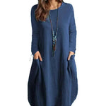 Women's Autumn Cotton And Linen Loose Casual Solid Color Long-sleeved Dress - EX-STOCK CANADA