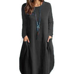 Women's Autumn Cotton And Linen Loose Casual Solid Color Long-sleeved Dress - EX-STOCK CANADA